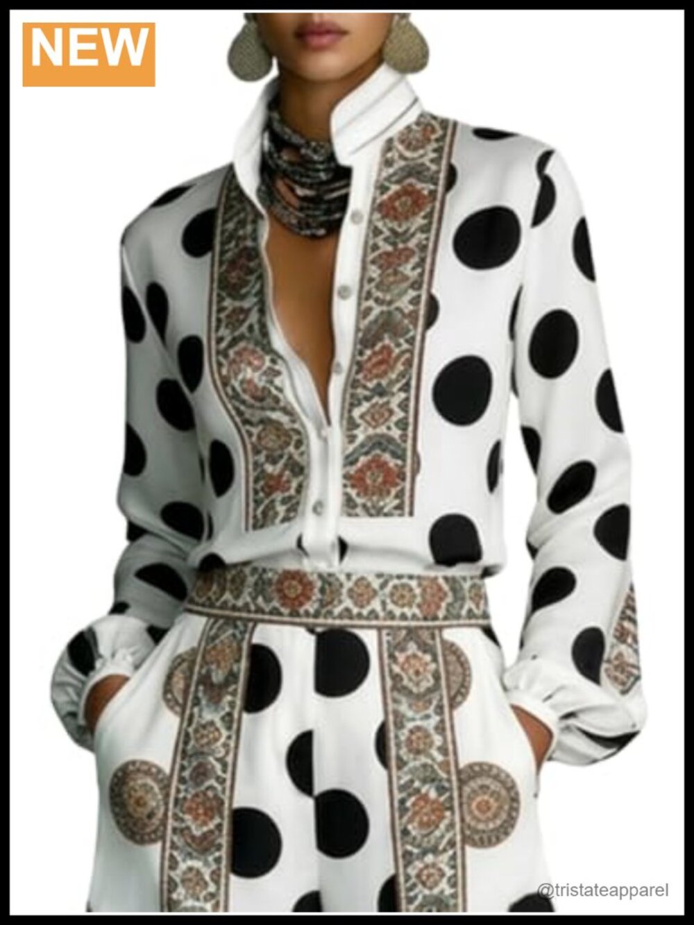 Women's Polka Dot Button Down Shirt Long Sleeve Blouse 100% Polyester